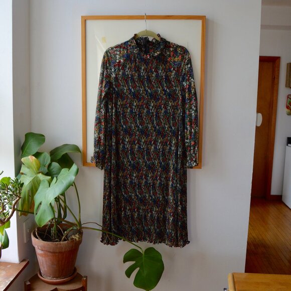 Vintage 1970s Sheer Floral Accordion Pleated High Neck Liz Roberts Dress Frills - Picture 8 of 9